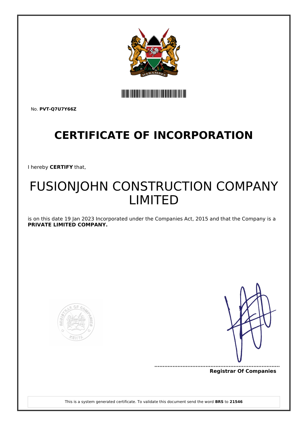 Certificate of Incorporation for FUSIONJOHN CONSTRUCTION COMPANY LIMITED, registration PVT-Q7U7Y66Z, incorporated 19 January 2023